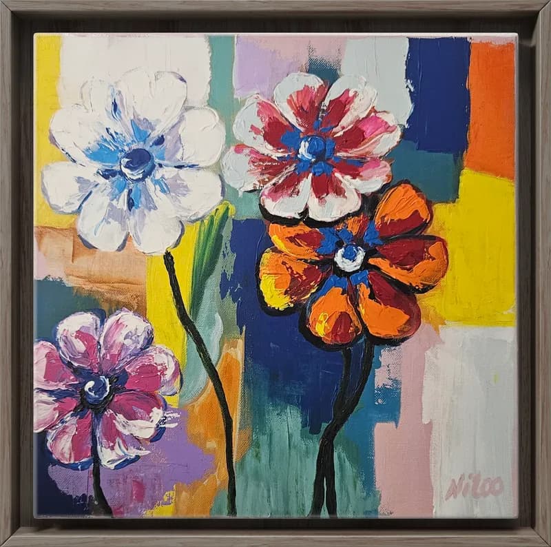 Handgemaltes Acrylbild mit Blumenmotiv auf Leinwand im Format 40x40 cm.
Modernes, abstraktes Wandbild mit kräftigen Farben für Wohnzimmer, Büro oder Praxis.
Unikat Kunstwerk, ideal als zeitgenössische Dekoration oder Geschenkidee