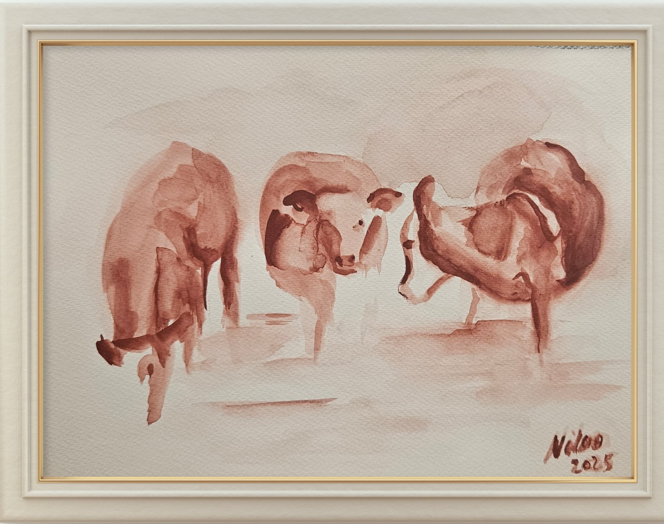 Aquarellgemälde in Rotbraun mit drei Kühen, minimalistisch und locker gemalt
