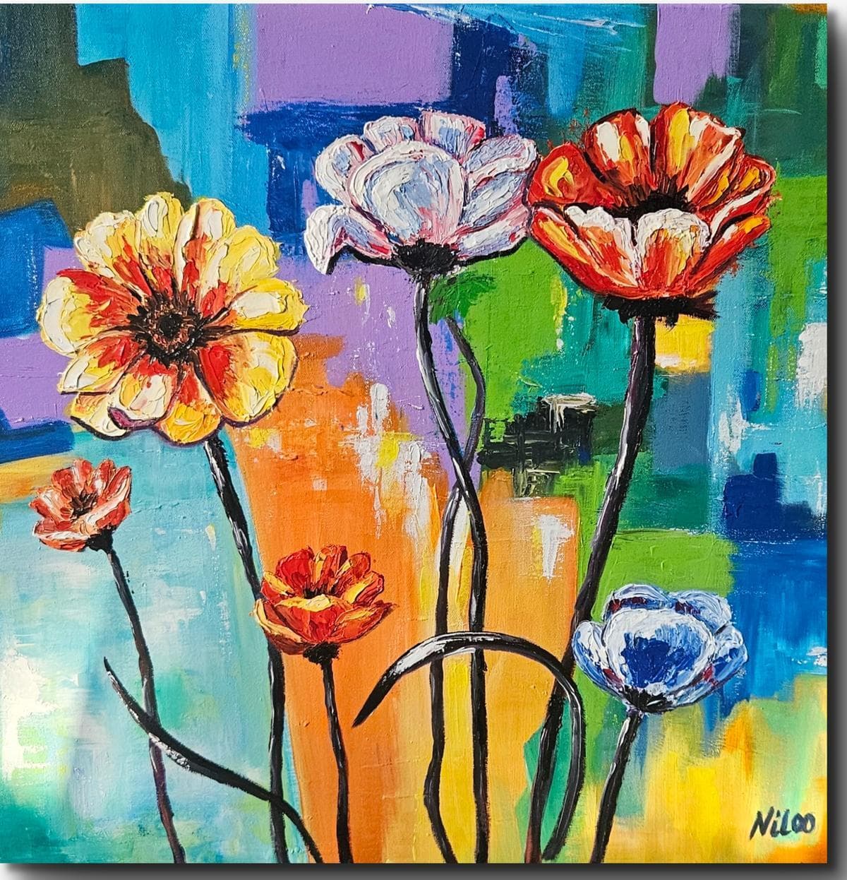 Dies ist ein abstraktes, farbenfrohes Gemälde, Blumen mit Öl in Spachteltechnik auf abstraktes Acryl Hintergrund. 60 x 60 CM.
(Preis ohne Rahmen)