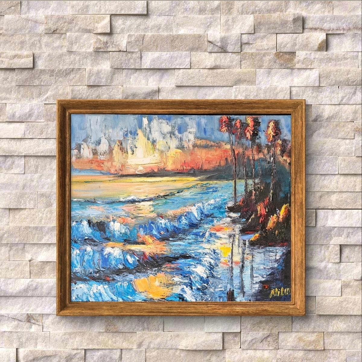 Dieses 50x70 cm große Ölgemälde auf Leinwand zeigt einen abstrakten Sonnenuntergang am Meer, der mit der Spachteltechnik erarbeitet wurde. (Preis ohne Rahmen)
