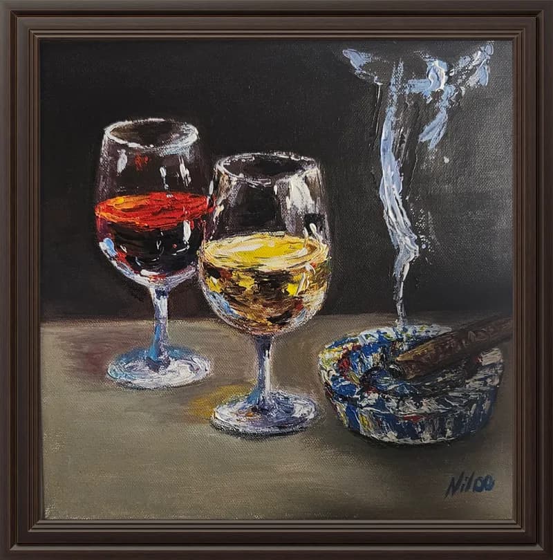 Handgemaltes Acryl-Stillleben 30 x 30 cm mit Weingläsern, Zigarre, Aschenbecher und Rauch auf dunklem Hintergrund.
Modernes Wandbild mit realistischer Lichtwirkung, klare Kontraste, zeitgenössischer Stil.
Unikat-Kunstwerk, inspiriert von Aziz Sulaymanov, ideal für Wohnzimmer, Bar oder Büro.