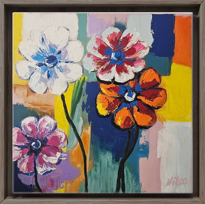 Handgemaltes Acrylbild mit Blumenmotiv auf Leinwand im Format 40x40 cm.
Modernes, abstraktes Wandbild mit kräftigen Farben für Wohnzimmer, Büro oder Praxis.
Unikat Kunstwerk, ideal als zeitgenössische Dekoration oder Geschenkidee