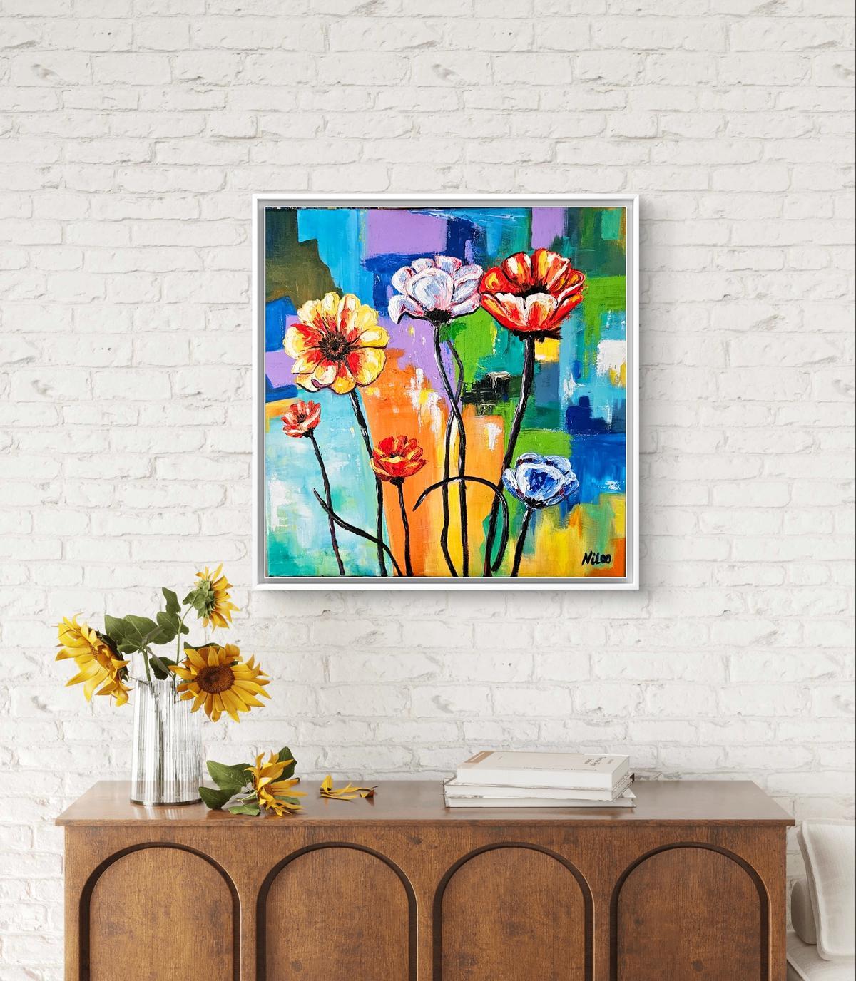Mockup von Abstrakte Blumen in Spachtel auf Acrylhintergrund 60 X 60 CM. (Preis ohne Rahmen)
