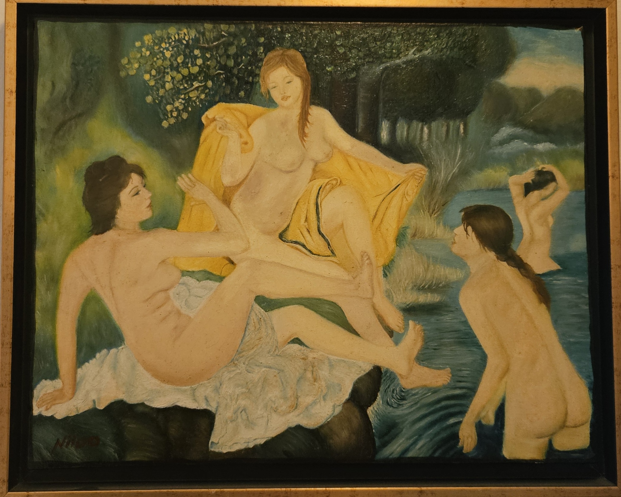 Verkauft-Ölgemälde 40 x 50 cm
Auguste Renoir – insbesondere inspiriert durch das Gemälde Les Baigneuses („Die Badenden“, ca. 1918–1919)
