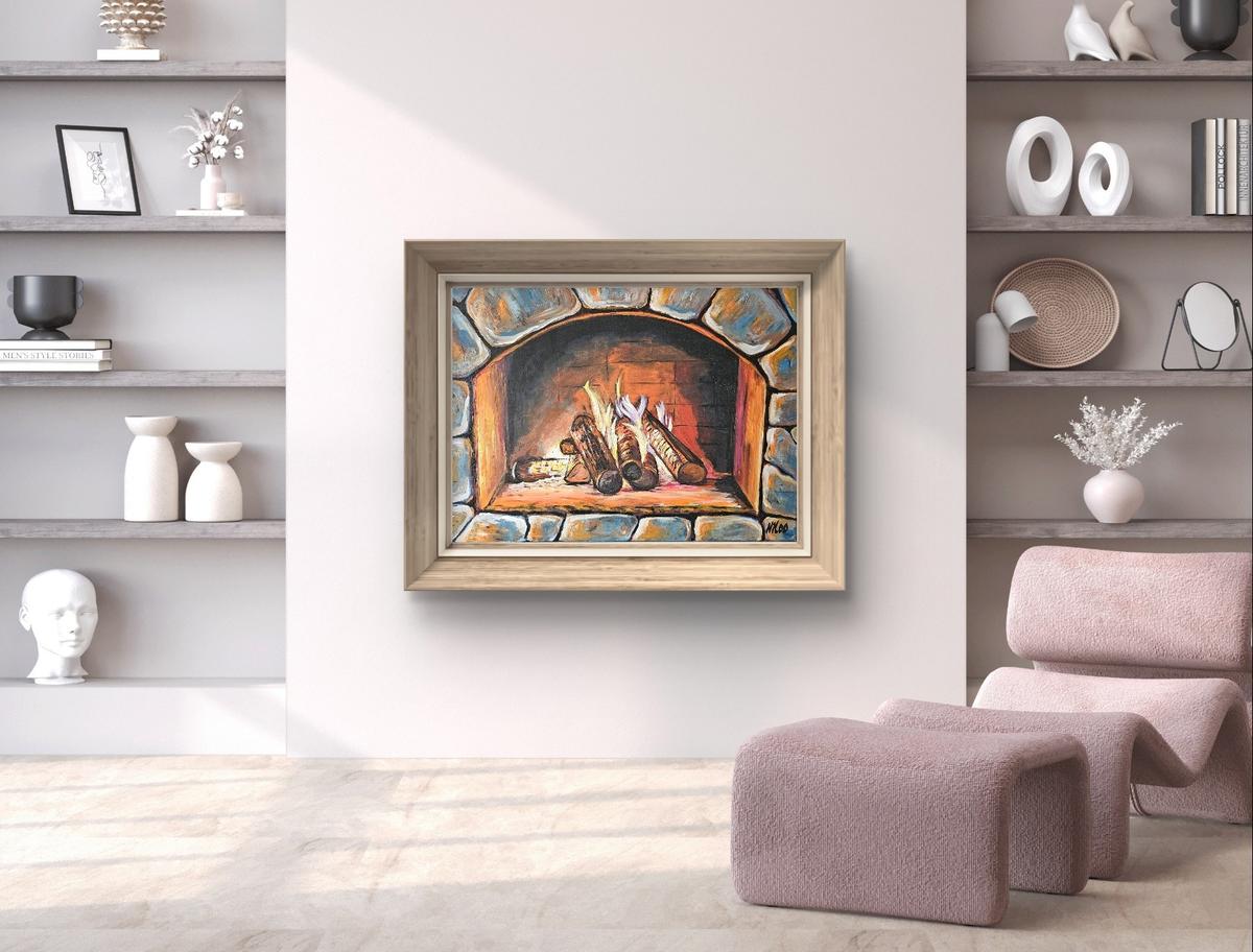 Mockup von Gemälde Kamin mit Holzscheiten, handgemalt auf Leinwand Querformat, signiert. 50 x 70 cm

