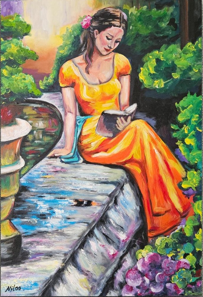 Acrylgemälde auf Leinwand 70 x 50 cm zeigt eine lesende Frau in einem orangefarbenen Kleid, die am Teich sitzt. Studie nach Paul Hey. Rahmen nicht im Preis enthalten.
