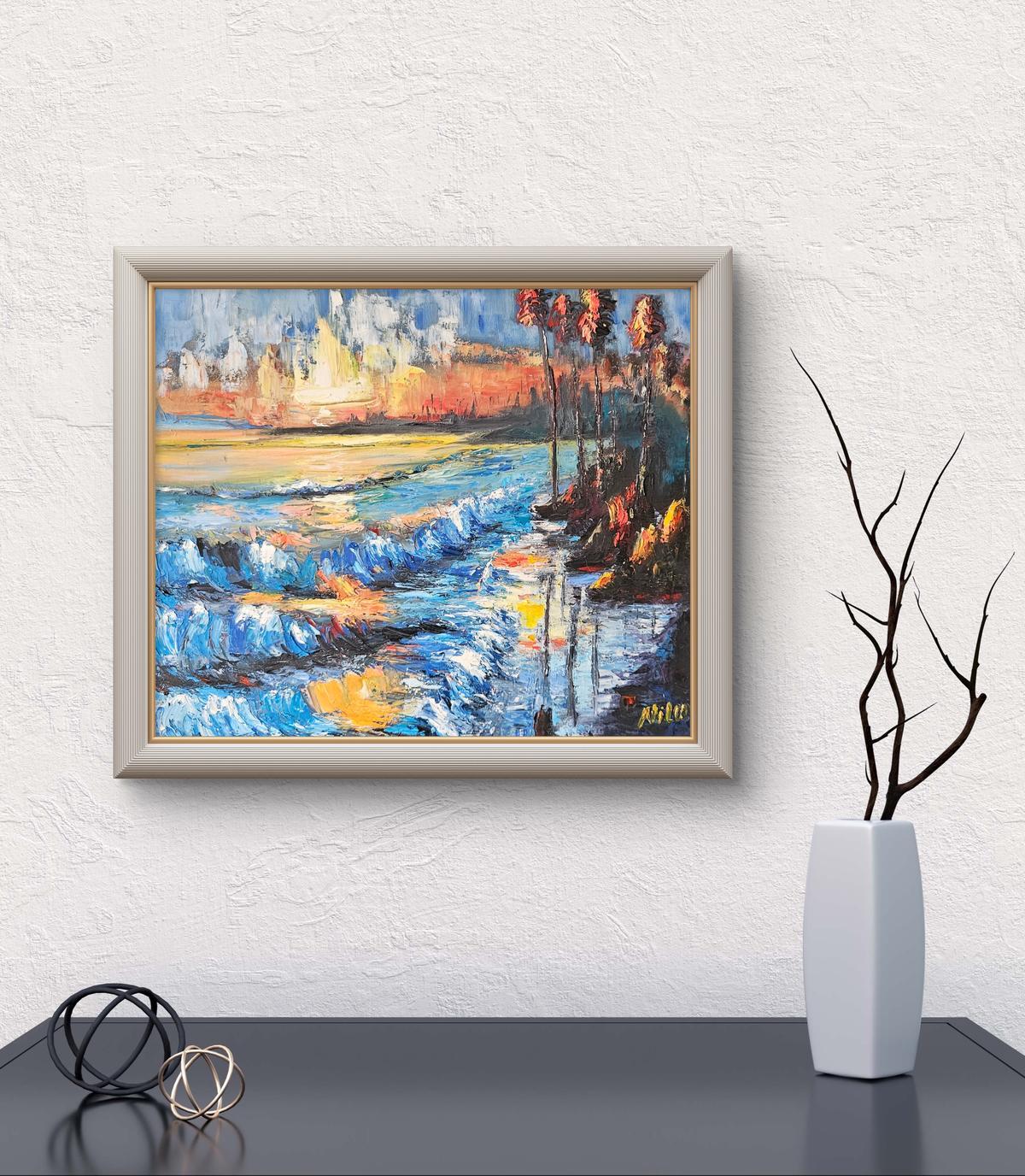 Dieses 50x70 cm große Ölgemälde zeigt einen abstrakten Sonnenuntergang am Meer, der mit der Spachteltechnik erarbeitet wurde. Hier als Mockup
