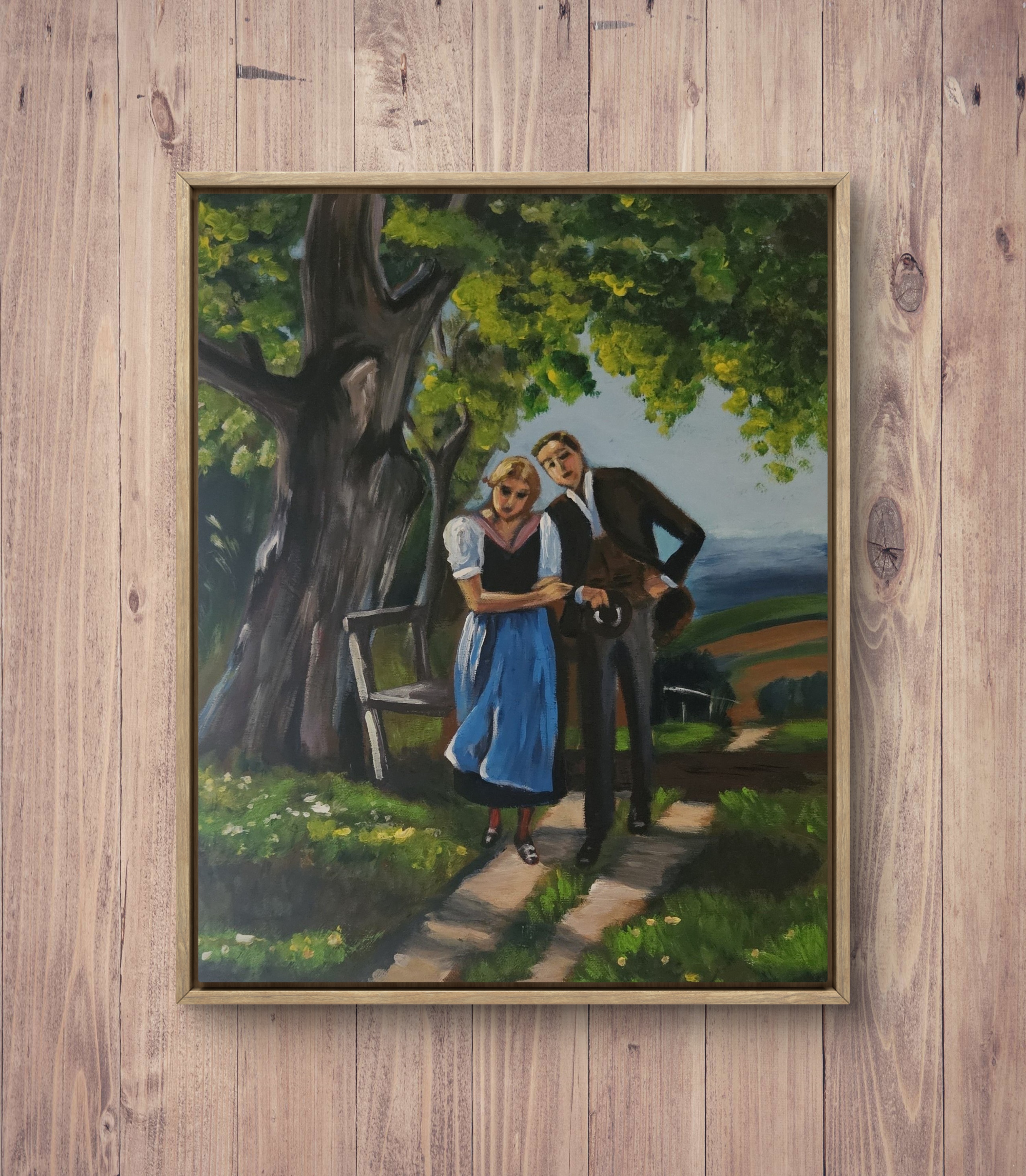 Mockup von Acrylgemälde, welches ein bayerisches Mädchen und einen Gentleman auf einem idyllischen Landweg darstellt. 40 x 50 cm.

