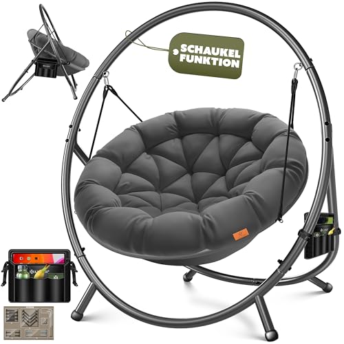 KESSER® Hängesessel mit Gestell Bali Hängeschaukel Hängestuhl bis 150kg für Indoor und Outdoor + Kissen & Seitentasche Hängekorb Stahlgestell & Schaumstoff Sitzpolster ideal für Wohnzimmer & Garten