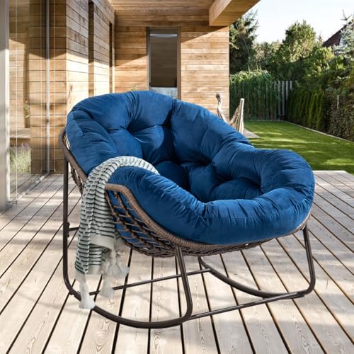 LIFEISLE Schaukelstuhl für drinnen & draußen, Wasserdicht Rattan Loungesessel mit gepolsterung, Ei-Schaukelstuhl für Wohnzimmer Balkon Garten Outdoor Navy Blau